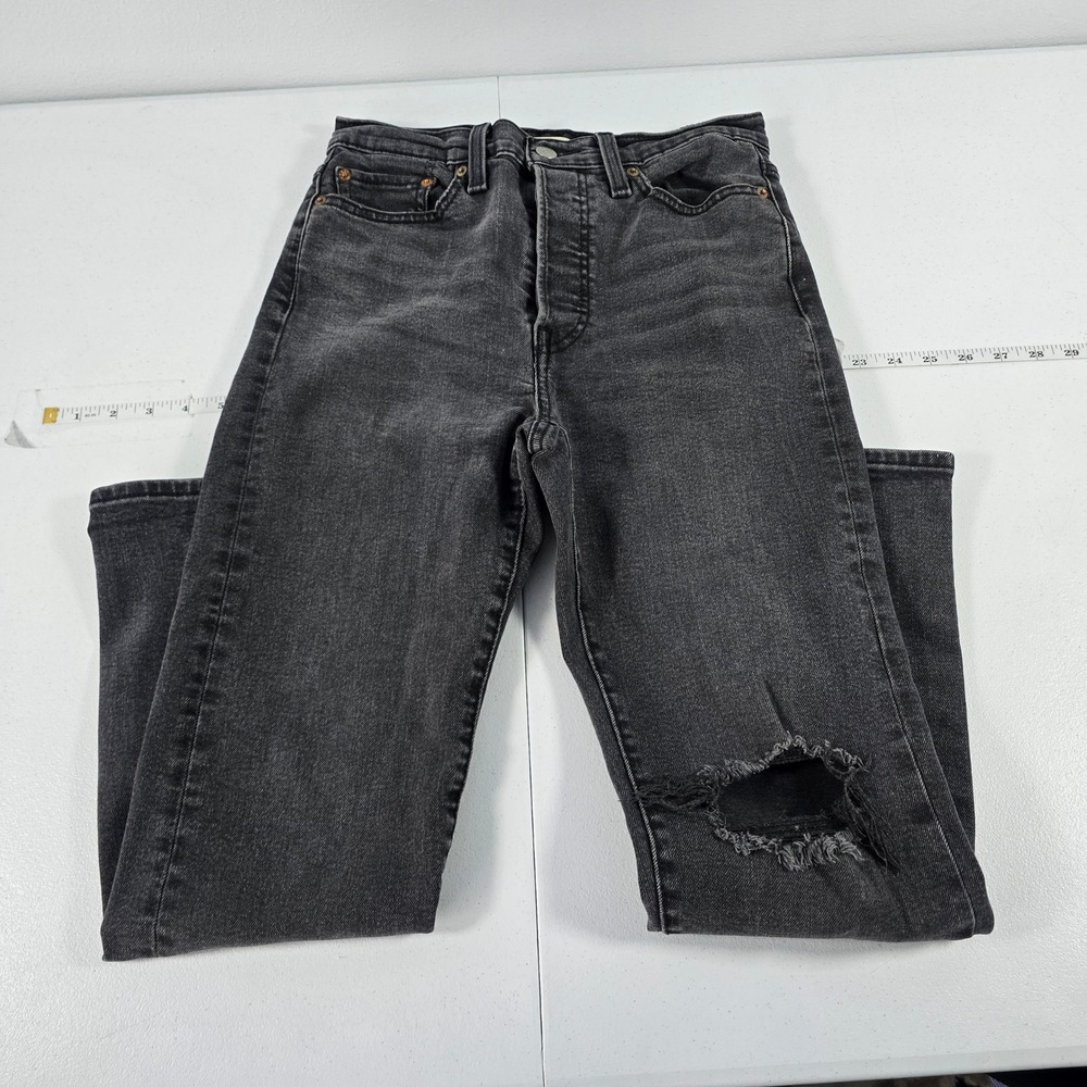 Levis Wedgie Straight Jeans Womens 28 Washed Black Distressed Button Fly High‎
